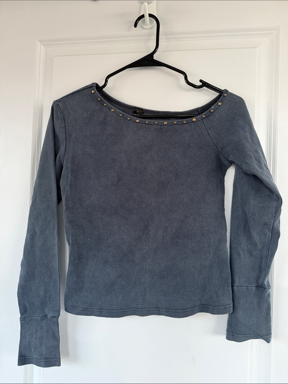 SHEIN Slate Blue Boatneck Long Sleeve Top with Stud Trim